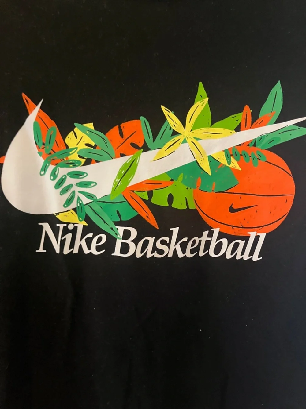 Nike Black T shirt with Orange Basketball and Multicolor Tropical Swoosh medium